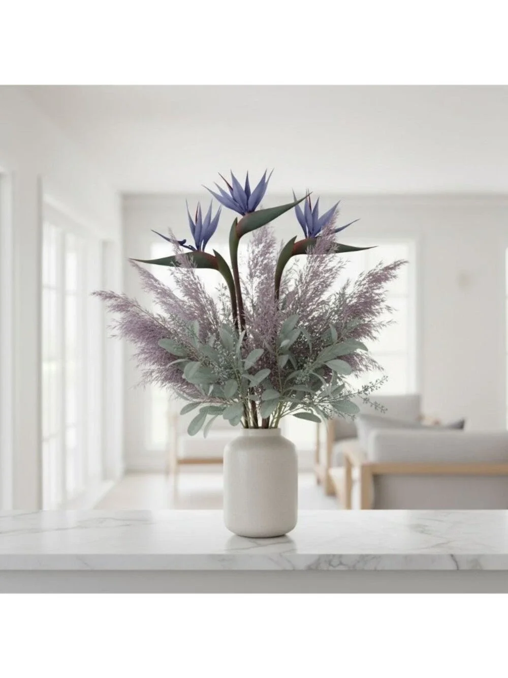 Bird of Paradise Stems Set of 3 Faux Tropical Flowers 30 Inch Tall Moody Blue Pu